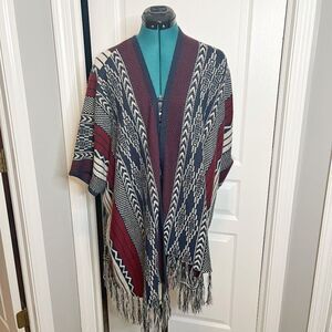 Wishlist Open Front Cape Poncho Wrap Fringe Tribal Aztec Western Boho Sweater